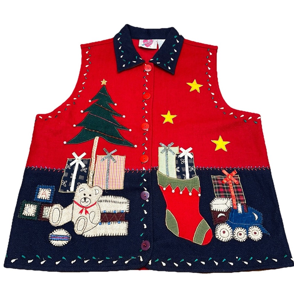 Vintage Keren Hart Wool Christmas Button Vest Patchwork Embroidered Women's L